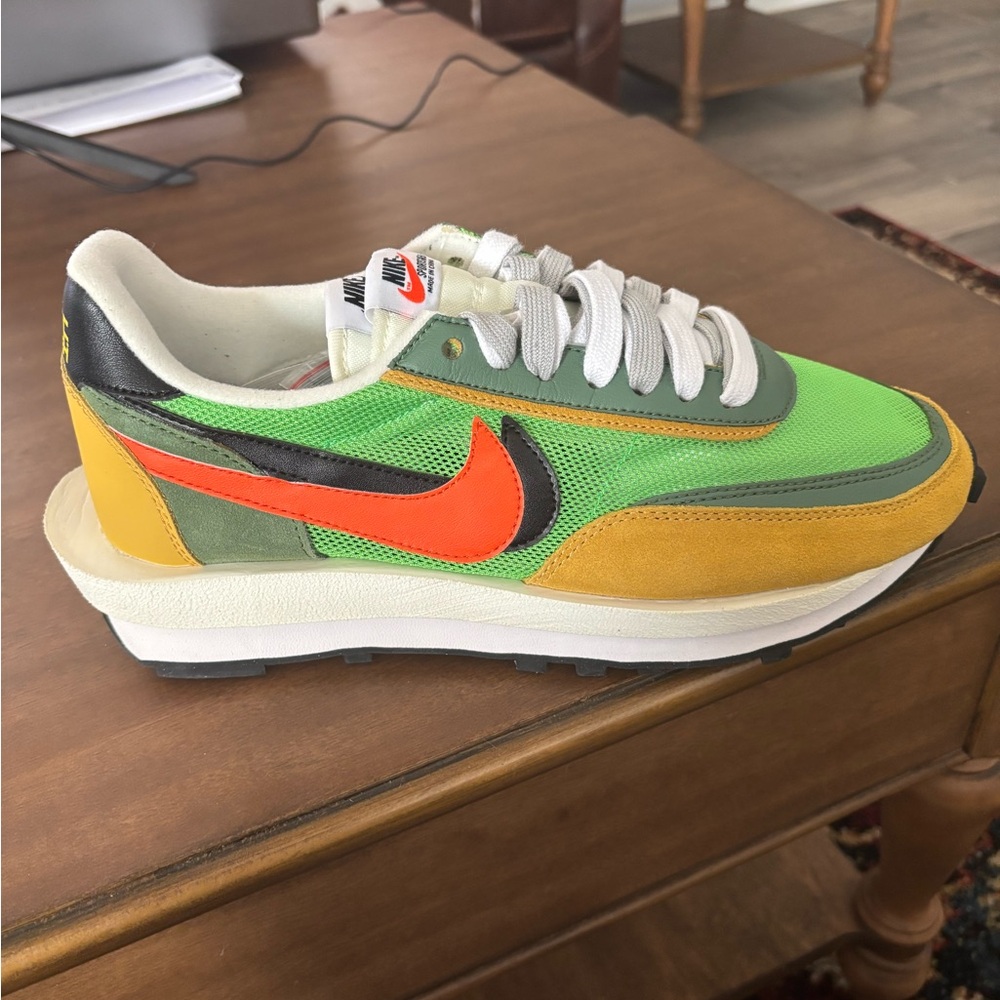 Nike X Sacai LDWaffle in green gusto, varsity maize, and safety orangeway